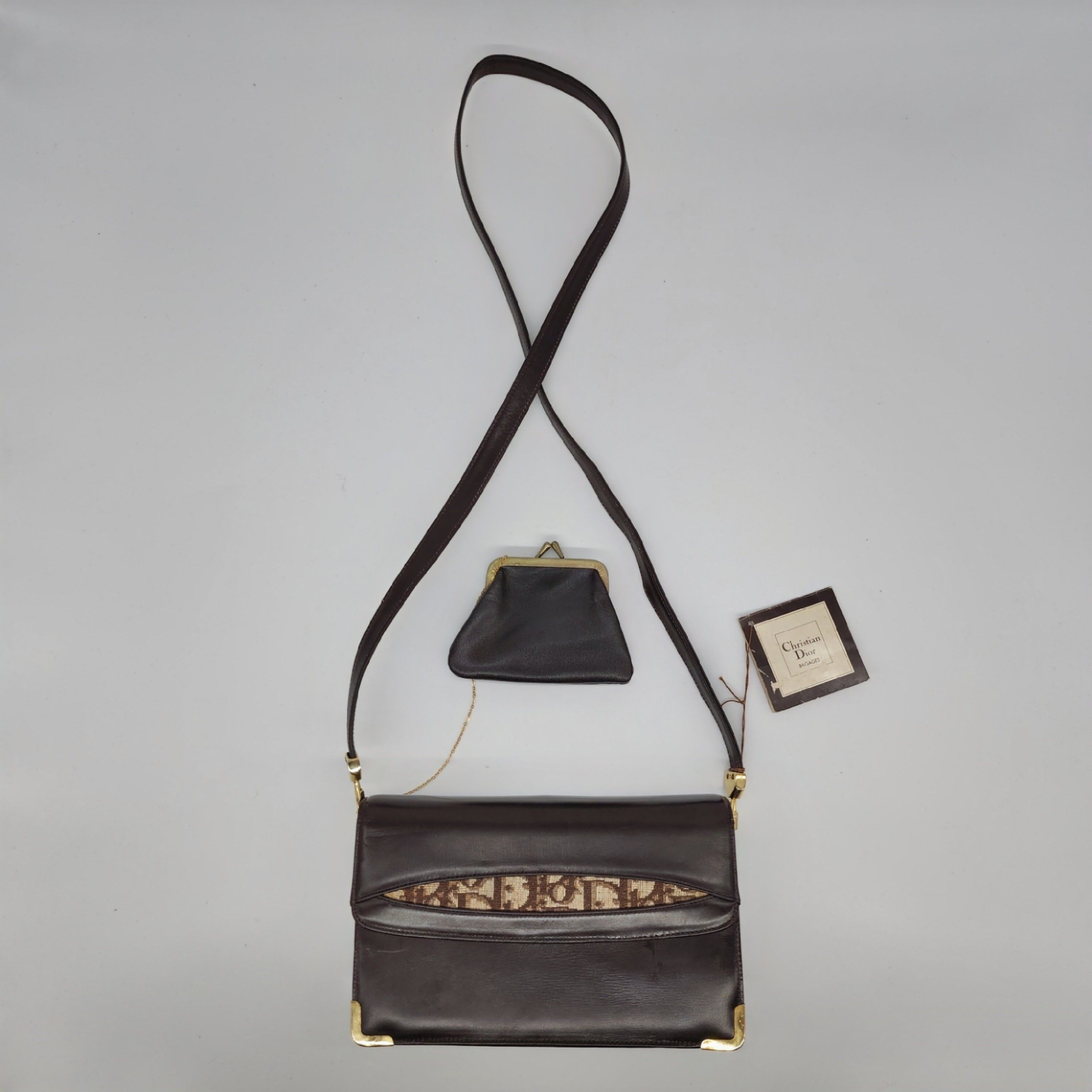 Dior - Brown Leather w/ Oblique Detail Shoulder Bag - 1