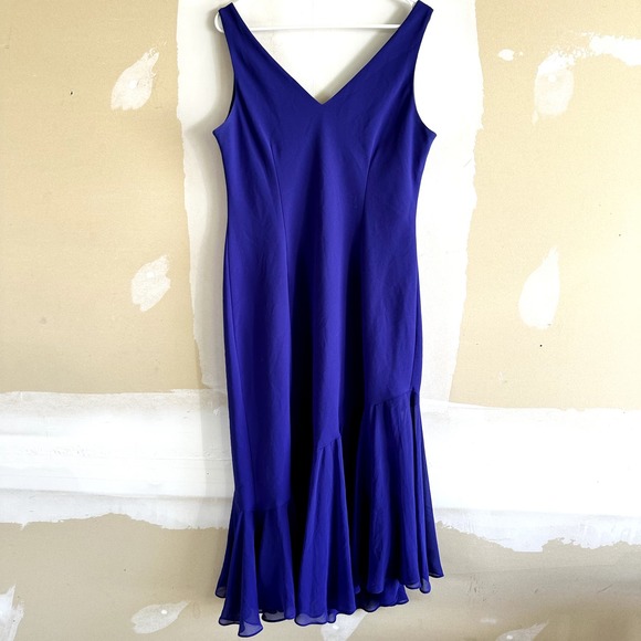 Evan Picone Asymmetrical Ruffle Hem Midi Dress V Neck Mermaid Royal Blue 14 - 5