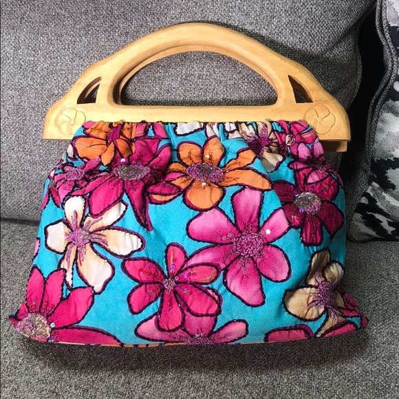 Mystique Boutique - Floral Beaded Fabric Handbag with Wooden Handles - 1