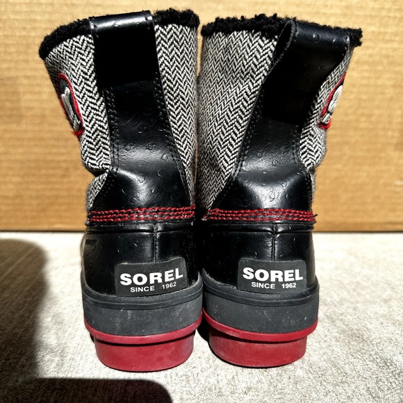 Sorel Tivoli Herringbone Tweed Winter Snow Boots Lace Up Chevron Faux Fur Red 7 - 5