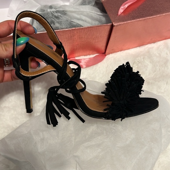 Black Suede Tassel Fringe Heeled Sandals - 6