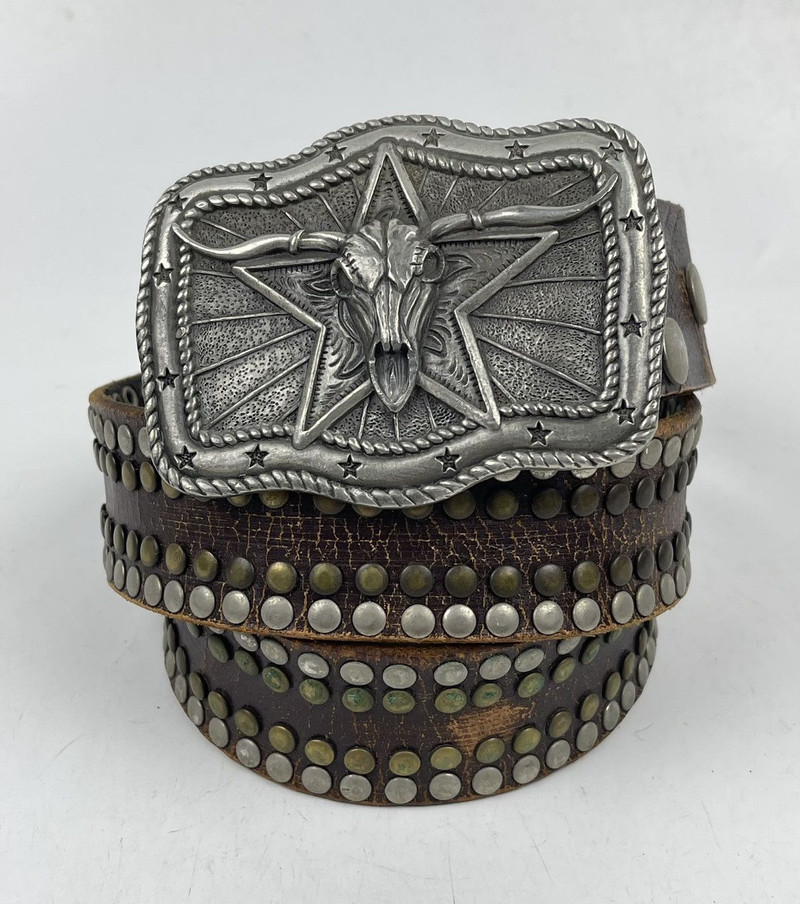 Japanese Brand - vintage big buckle studded leather belt tc31 - 1