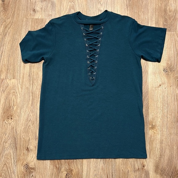 Forever 21 Teal Ladder Front Lace-Up T-Shirt - 1