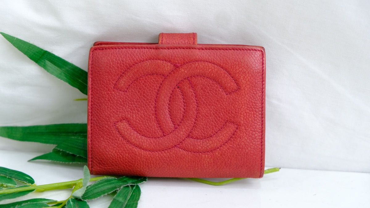 Vintage Chanel red caviar Leather big logo CC snap wallet - 1