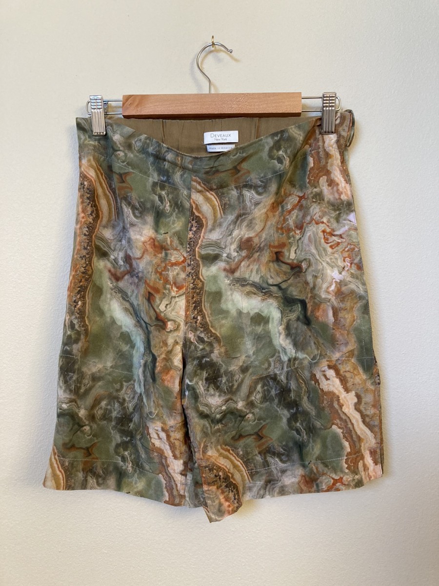 Deveaux - Marble-print Green Silk Shorts - 1