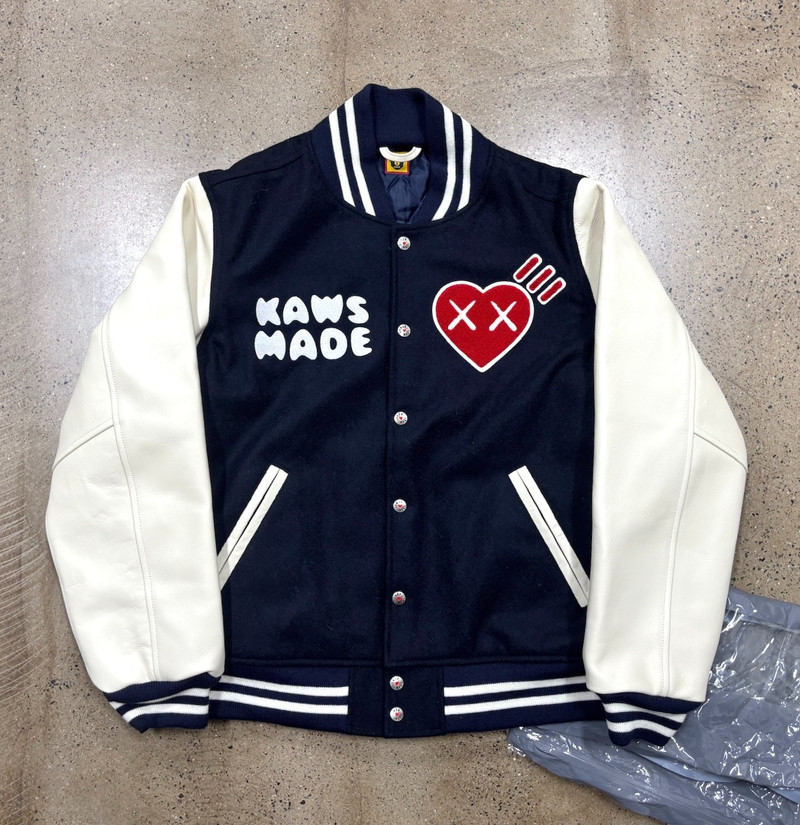 Human Made x KAWS Collaboration Varsity Jacket with Leather Sleeves - 1