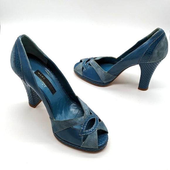 Marc Jacobs Italian-made Blue Suede Leather Cutouts Peep Toe Pumps Women's 6M - 1