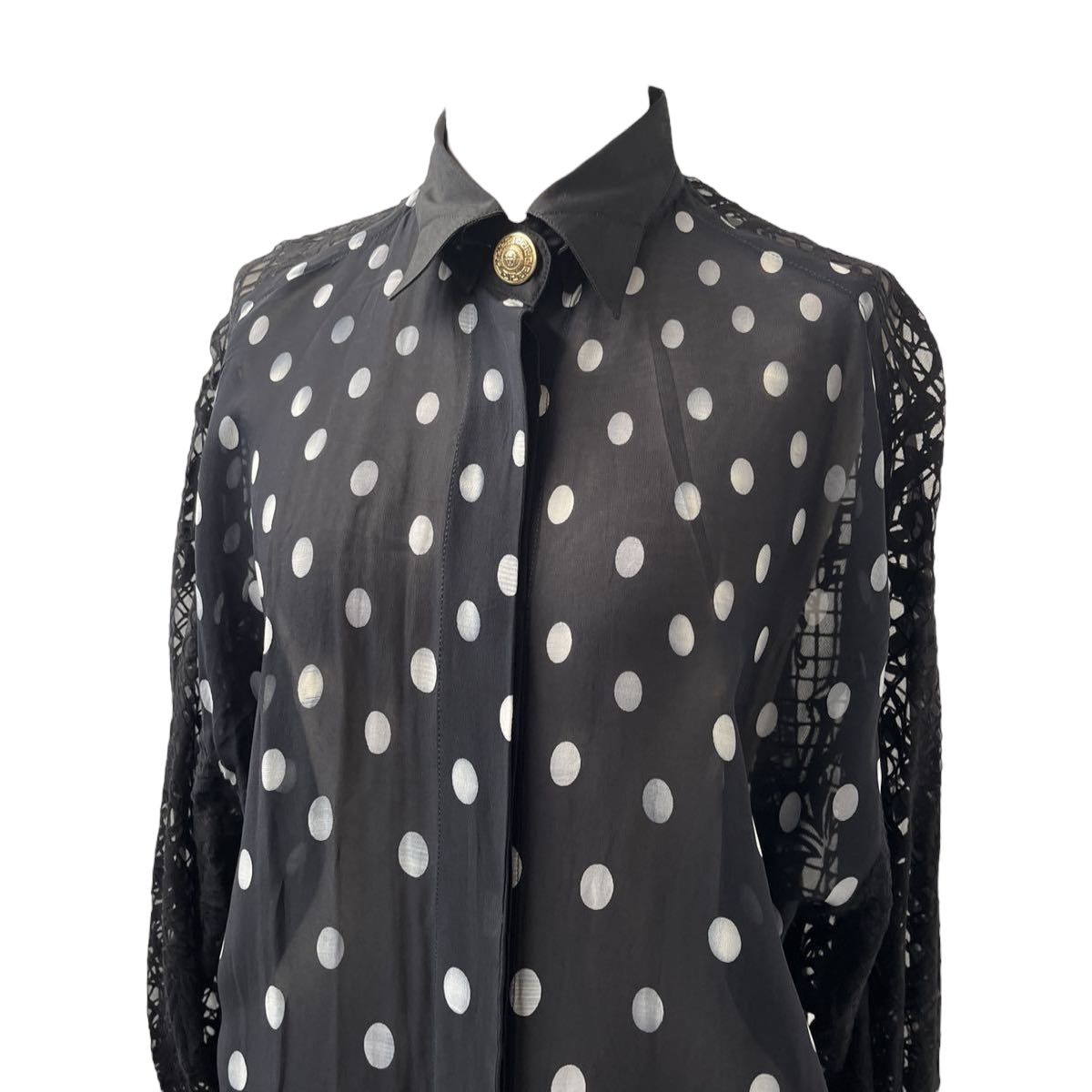 Vintage Gianni Versace Couture Sheer Polka Dot Button-Down Tunic with Burnout Lace Back and Sleeves - 5