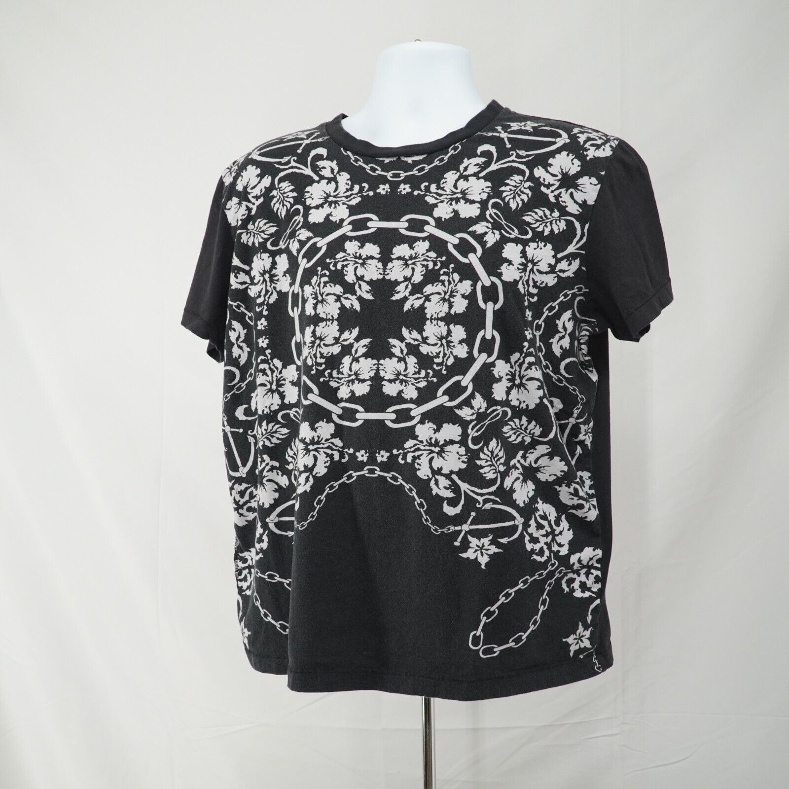 Black White Printed Shirt Floral Chains Anchor Hawaiian Tee - 17