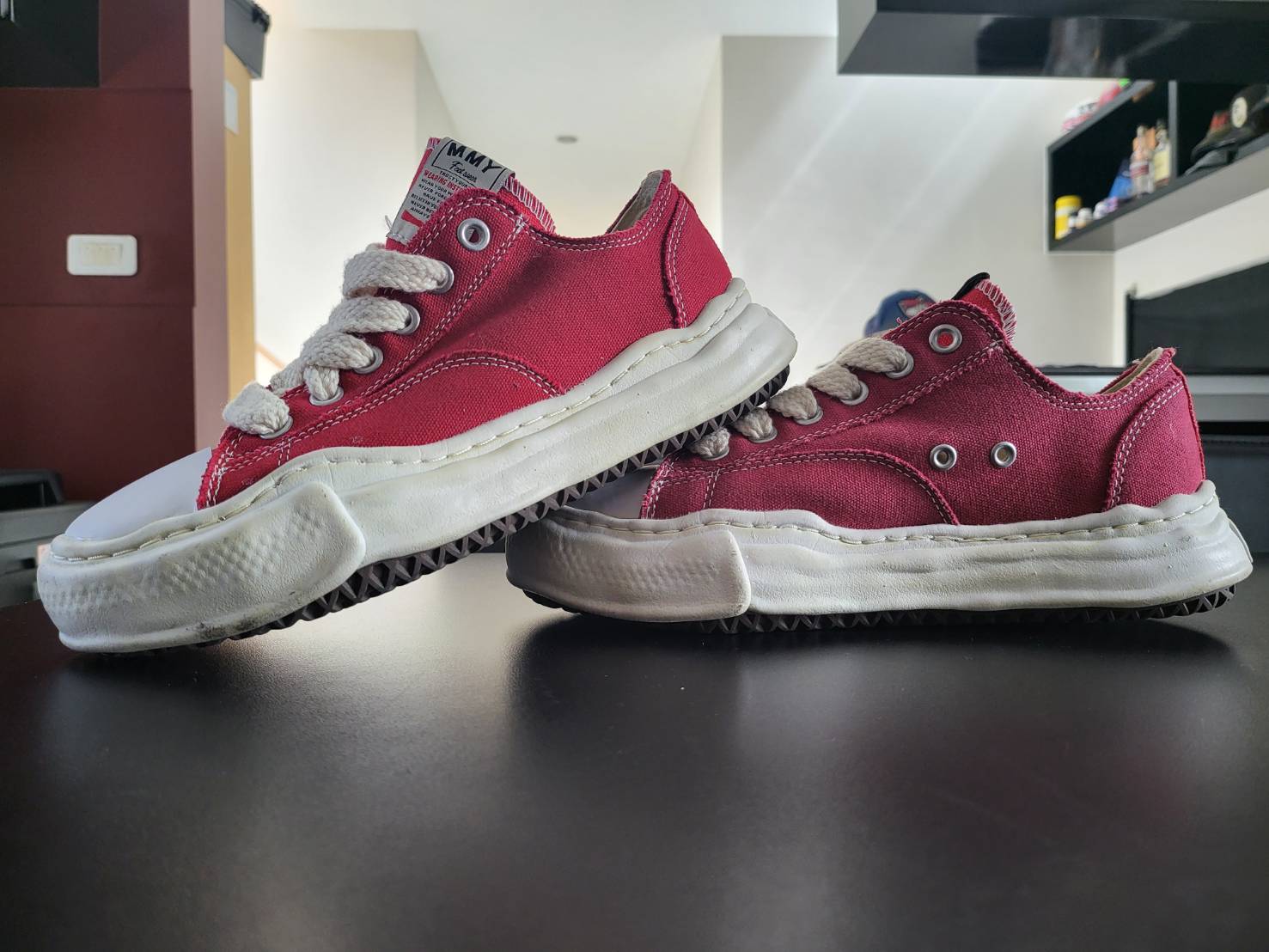 MIHARAYASUHIRO RED OVER-DYED OG SOLE PETERSON SNEAKERS - 4
