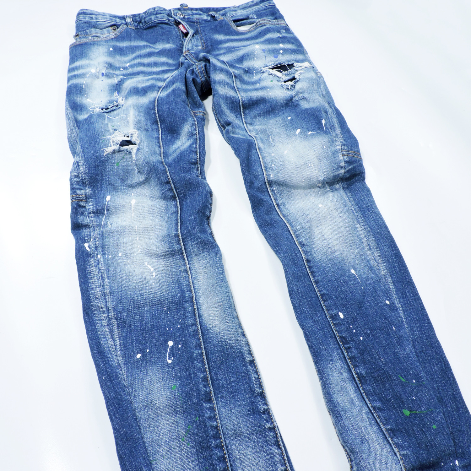 DSQUARED² CLASSIC KENNY TWIST JEAN BIKER DISTRESSED INDIGO BLUE WASH SPLATTER DENIM LONG PANTS - 8
