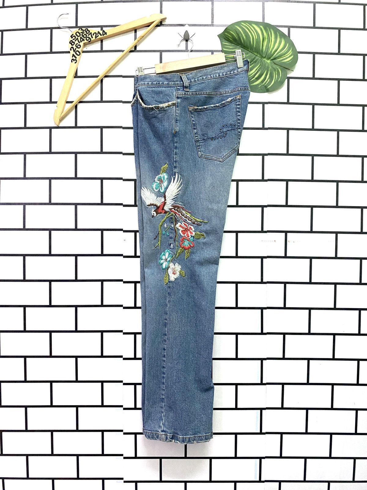 Designer - METRO SEVEN Embroidered Floral Bird Motif Flared Denim Pant - 3