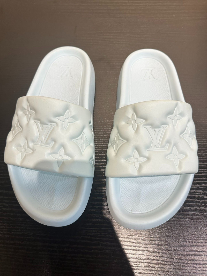 Louis Vuitton light blue embossed logo slides - 1