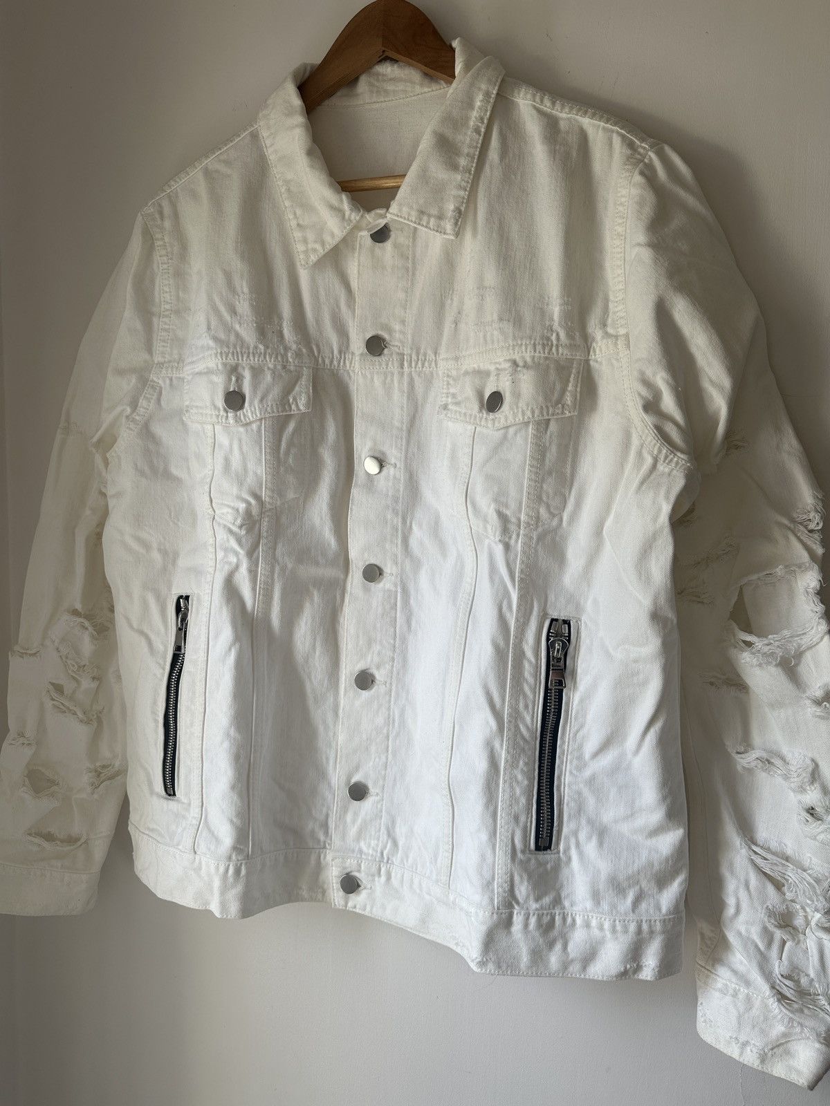 Balmain White Distressed Denim Jacket - 1
