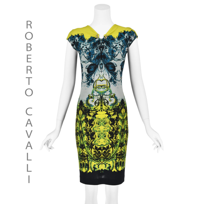 ROBERTO CAVALLI Yellow, Black, & Blue Stretchy Sheath Dress - 1