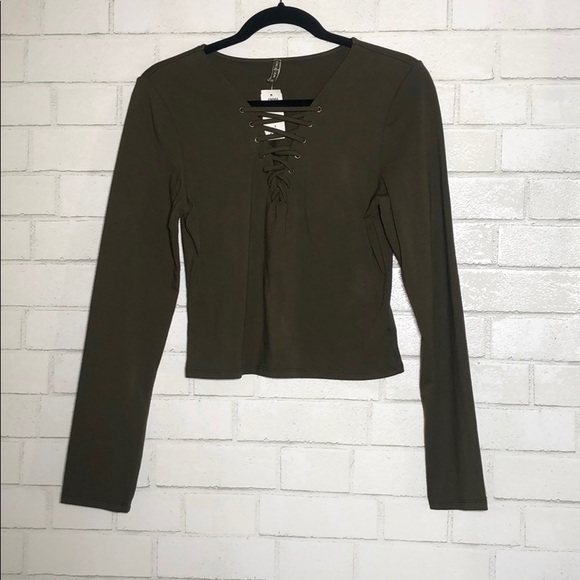 LF Olive Long Sleeve Lace Up Top - 1