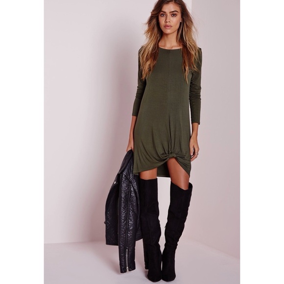 Missguided Olive Green Knot Front Long Sleeve Dress - 2