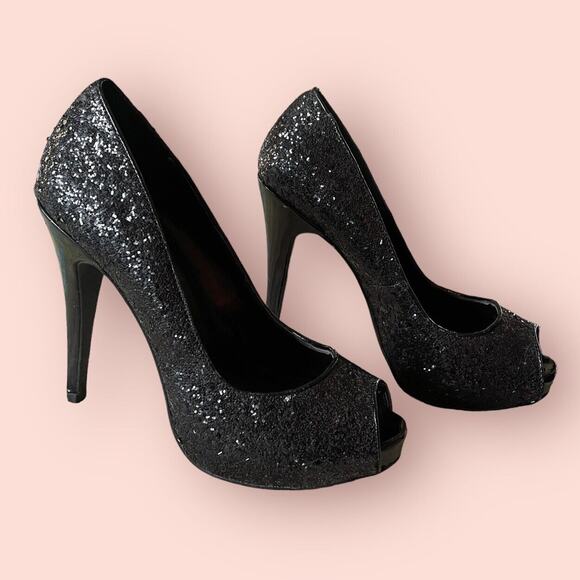 Michael Michael Kors Womans Glitter Sparkly Peeptoe Black Pumps Heels Size 7.5 - 2