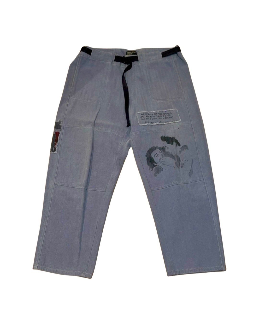Patchwork herringbone cotton vintage wash pants - 1