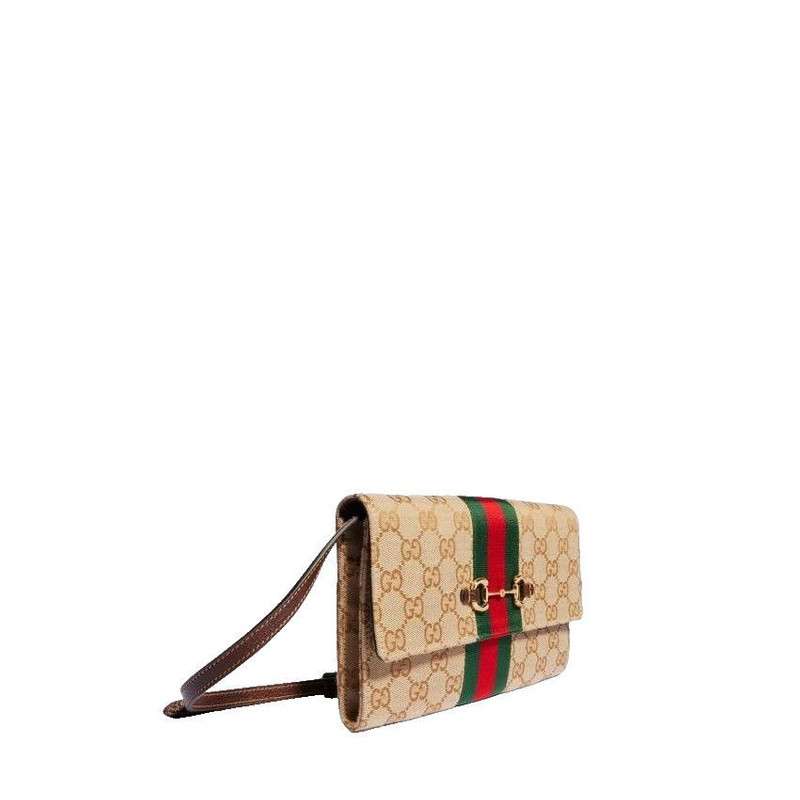 GUCCI $1450 Horsebit Web Wallet Beige Shoulder Bag New & Aut - 1