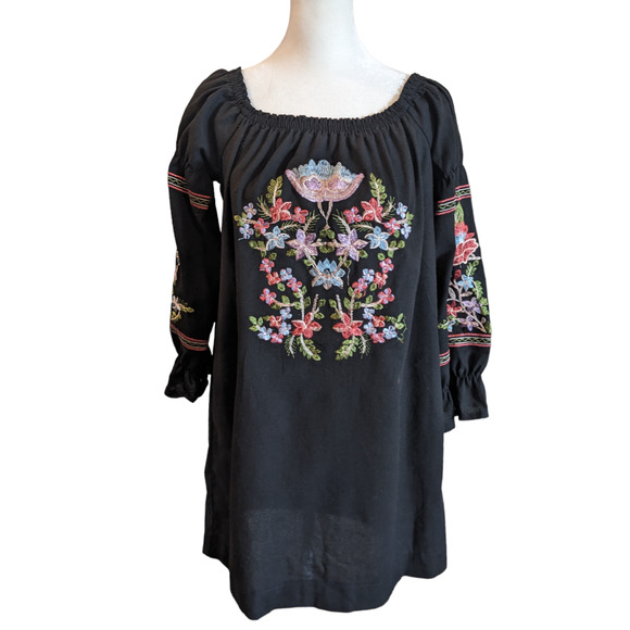 Rebellion Again Embroidered Off the Shoulder Black Mini Dress Large - 9