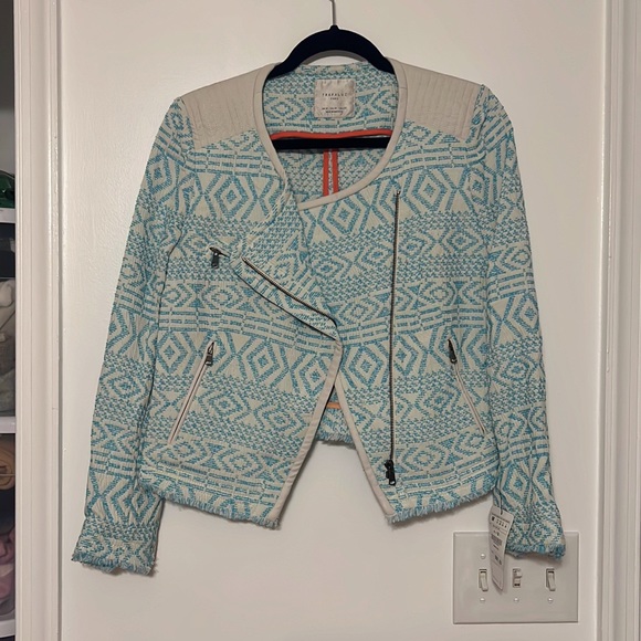 Zara Turquoise Printed Textured Moto Jacket - RARE Blogger Fav - 3