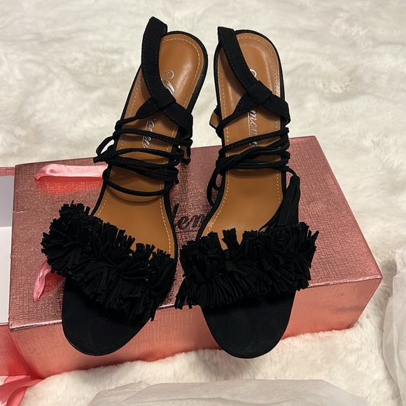 Black Suede Tassel Fringe Heeled Sandals - 8