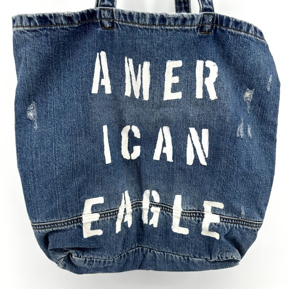 American Eagle Outfitters Denim Tote Beach Bag Distressed Logo Cotton One Size - 2