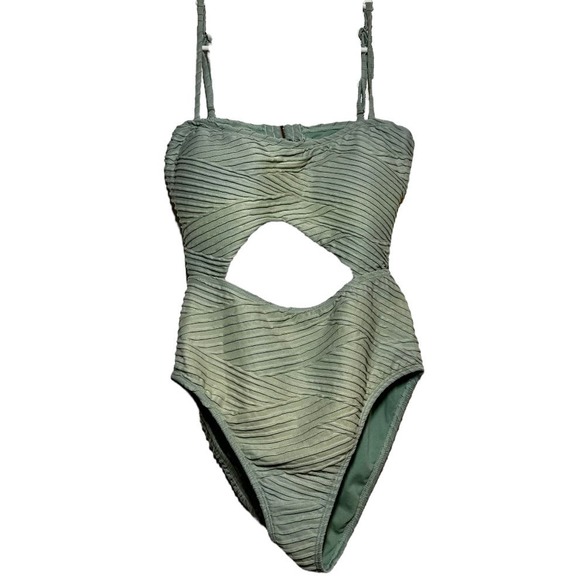 The Bikini Lab - Bikini Lab One-Piece Swimsuit Front Cut Out Ruched Stripes Adjustable Green M - 2