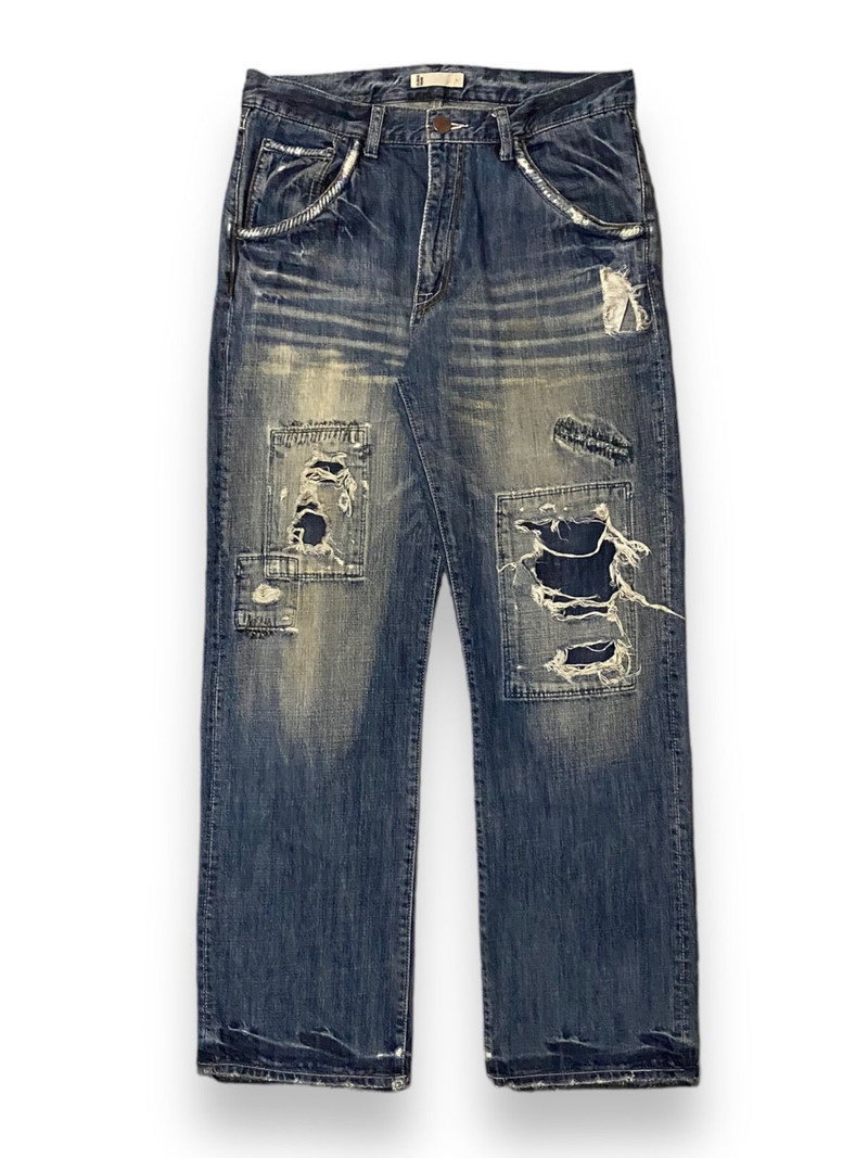 Men Global Work Distressed Patchwork Jean Honeycomb Knee g' - 1