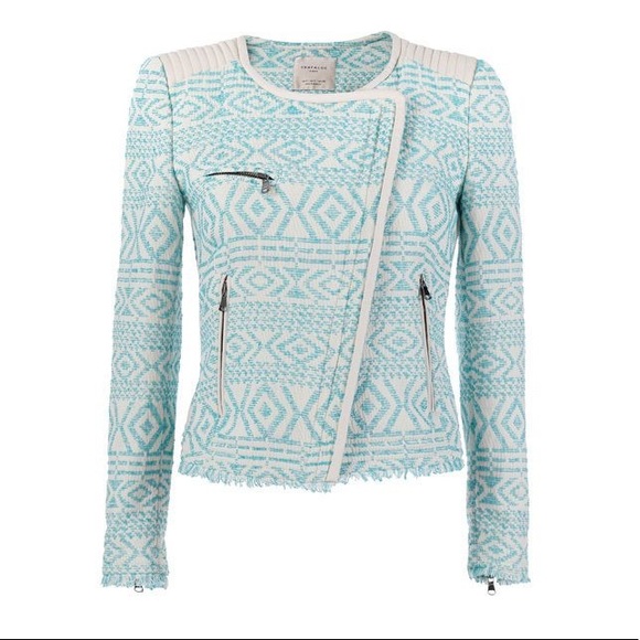 Zara Turquoise Printed Textured Moto Jacket - RARE Blogger Fav - 1