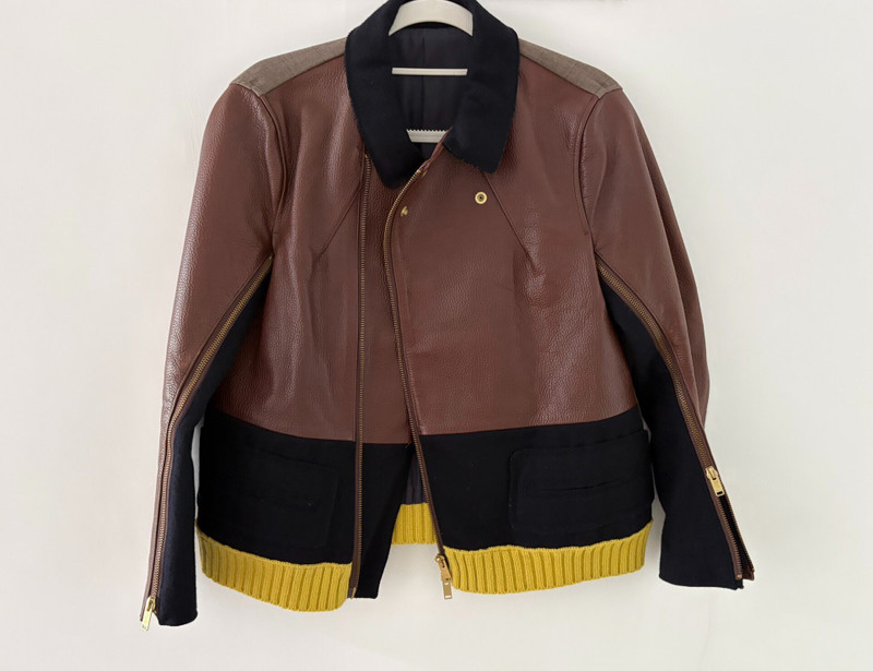 Undercover Zip Leather Deconstructed Panel Pleated Plaid Knit Jacket - 1