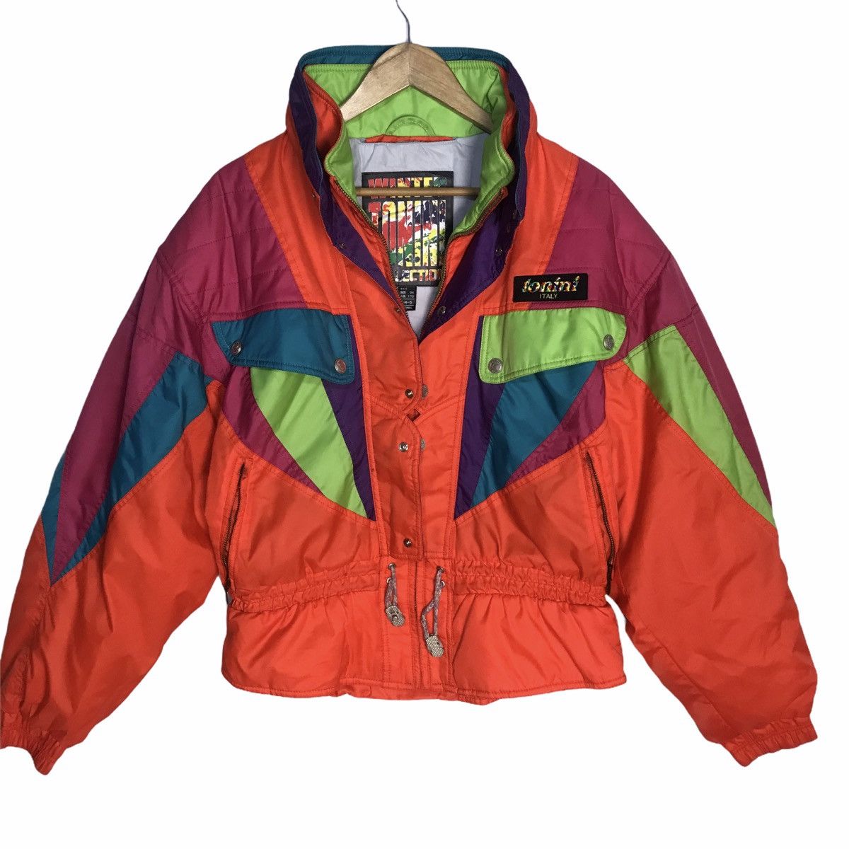 Vintage 90s Ellesse Goldwin Ski Wear Competition Racing Jacket Hoodie  Racing Full Zipper Multi Colour Abstract Block Design Size Medium 