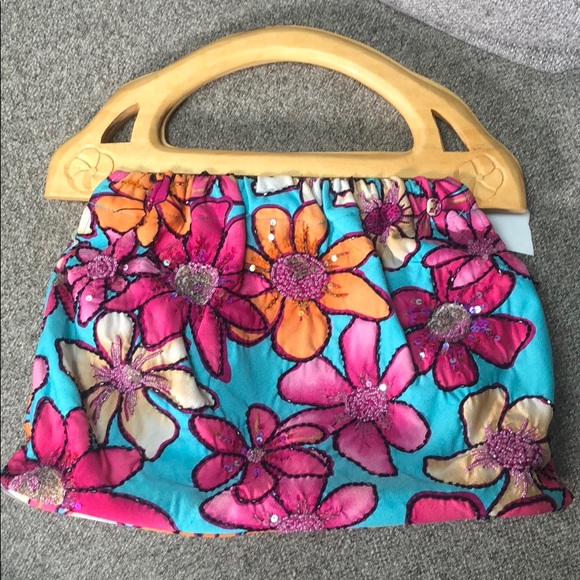 Mystique Boutique - Floral Beaded Fabric Handbag with Wooden Handles - 7