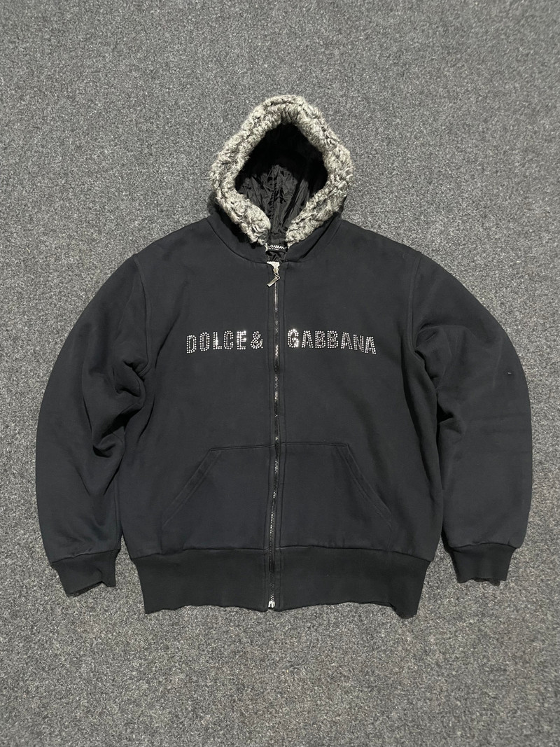 ARCHIVE Dolce & Gabbana Rhinestone Logo Fur Trim Zip Hoodie Y2k Japanese Market RARE L Boxy - 1