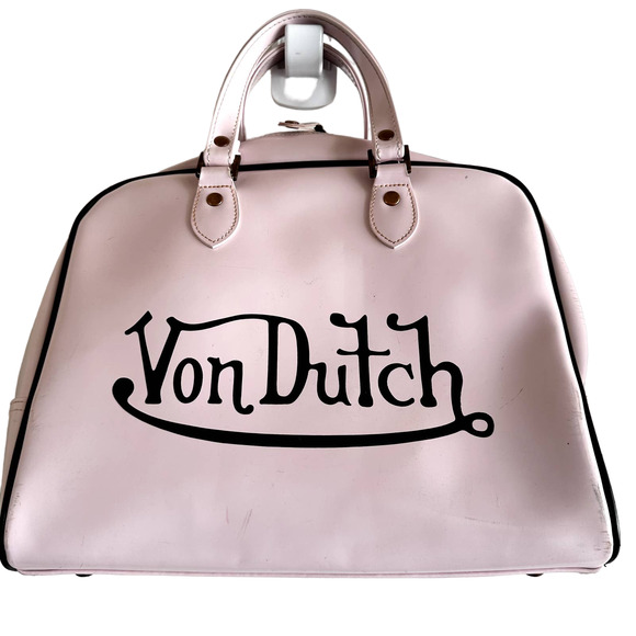 Vintage Von Dutch Leather Bowling Bag Y2k Hand Carry Zip Closure Light Pink - 1