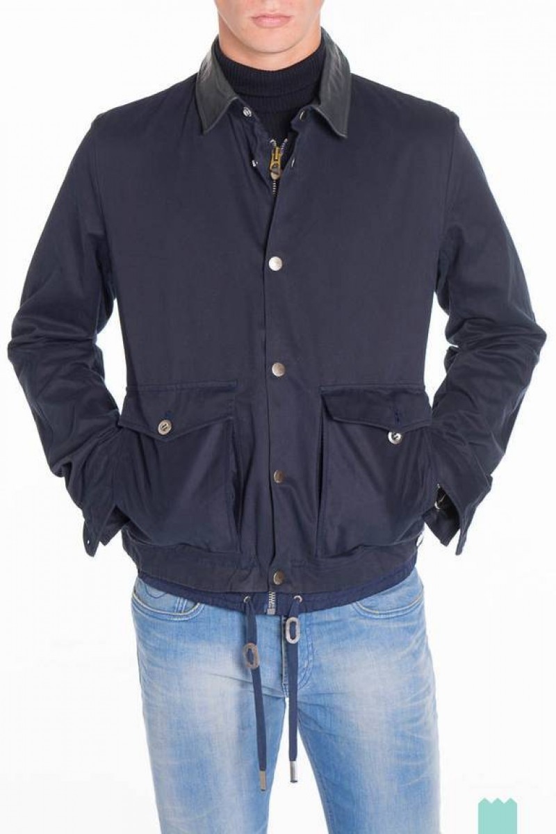 Leather Collar Rare Navy Cotton Jacket - 1
