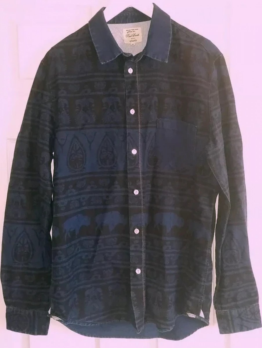 S-M Red Ear Indigo Pattern Paisley Floral Festival Shirt - 1
