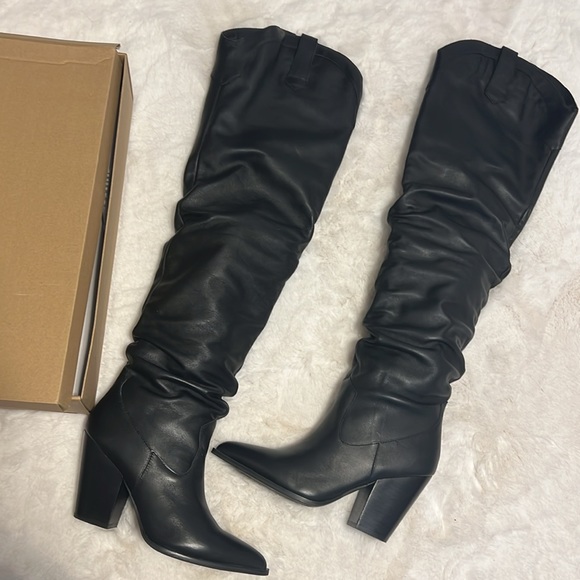 Steve Madden Landy Black Leather Over the Knee Western Boots - 9