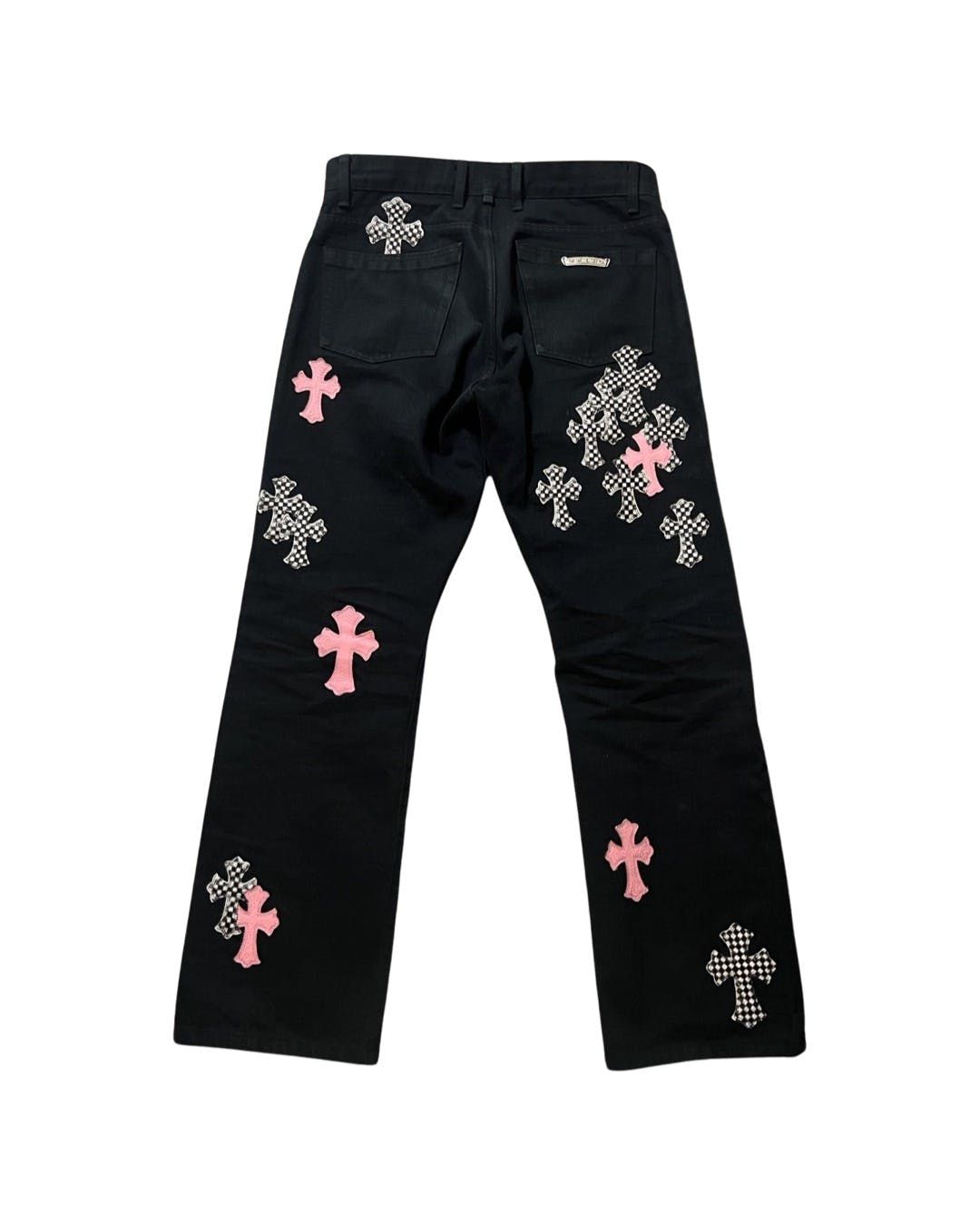 Chrome Hearts Pink checkered pony hair cross patch fleur knee denim jeans, c99