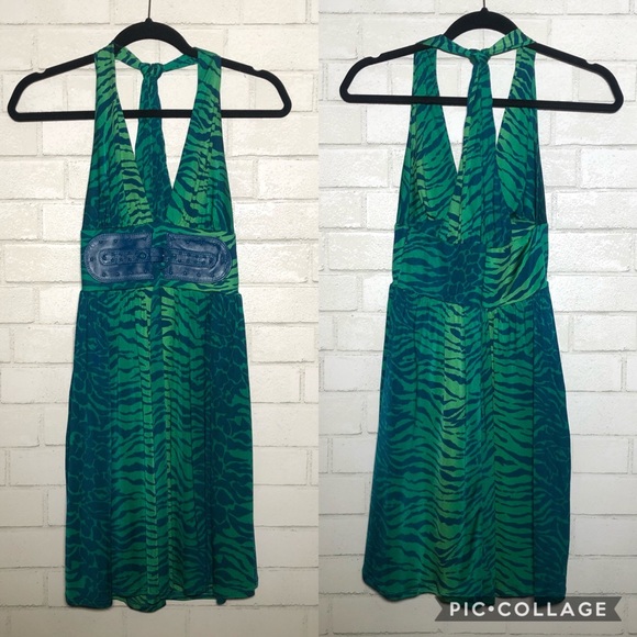 Marciano Green Animal Print Belted Halter Dress - 2