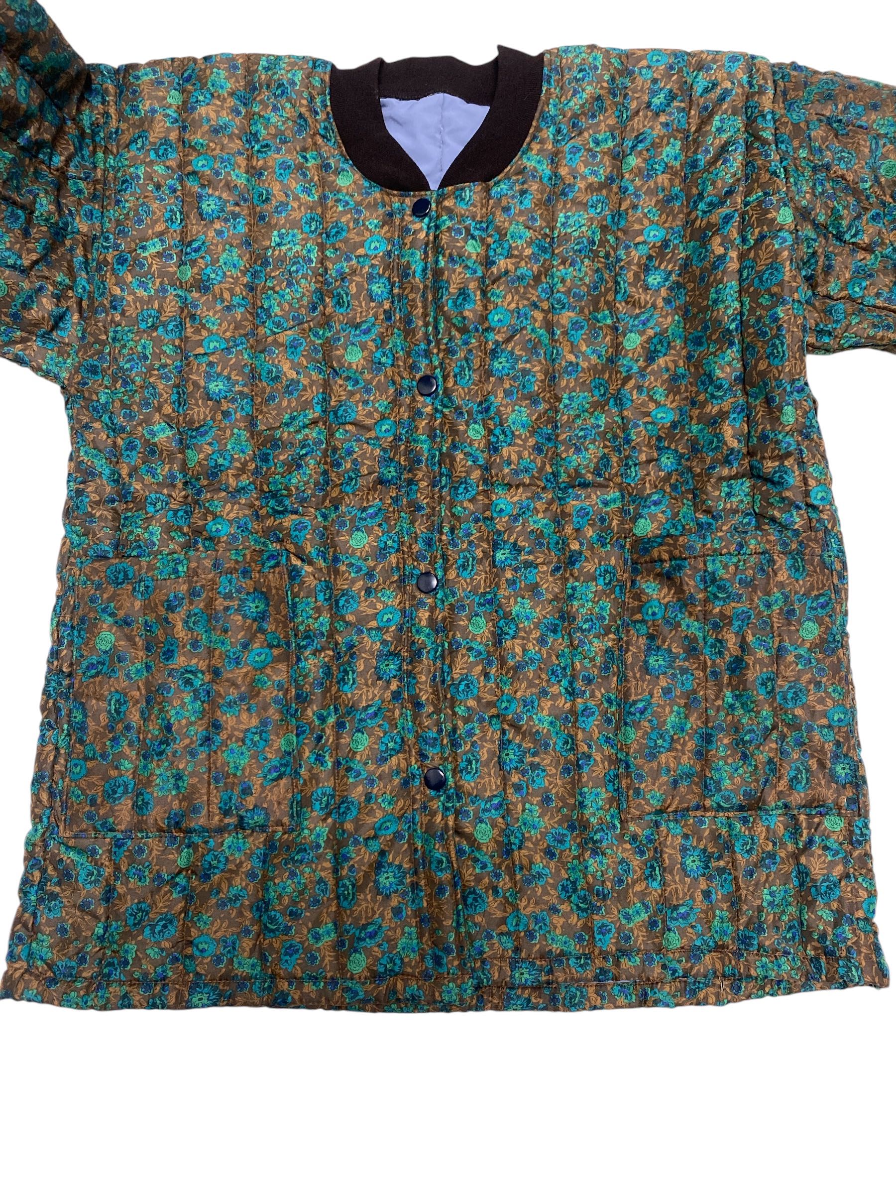 Vintage Quilted Floral Jacket with Ribbed Cuffs – Retro Fall/Winter Style - 5