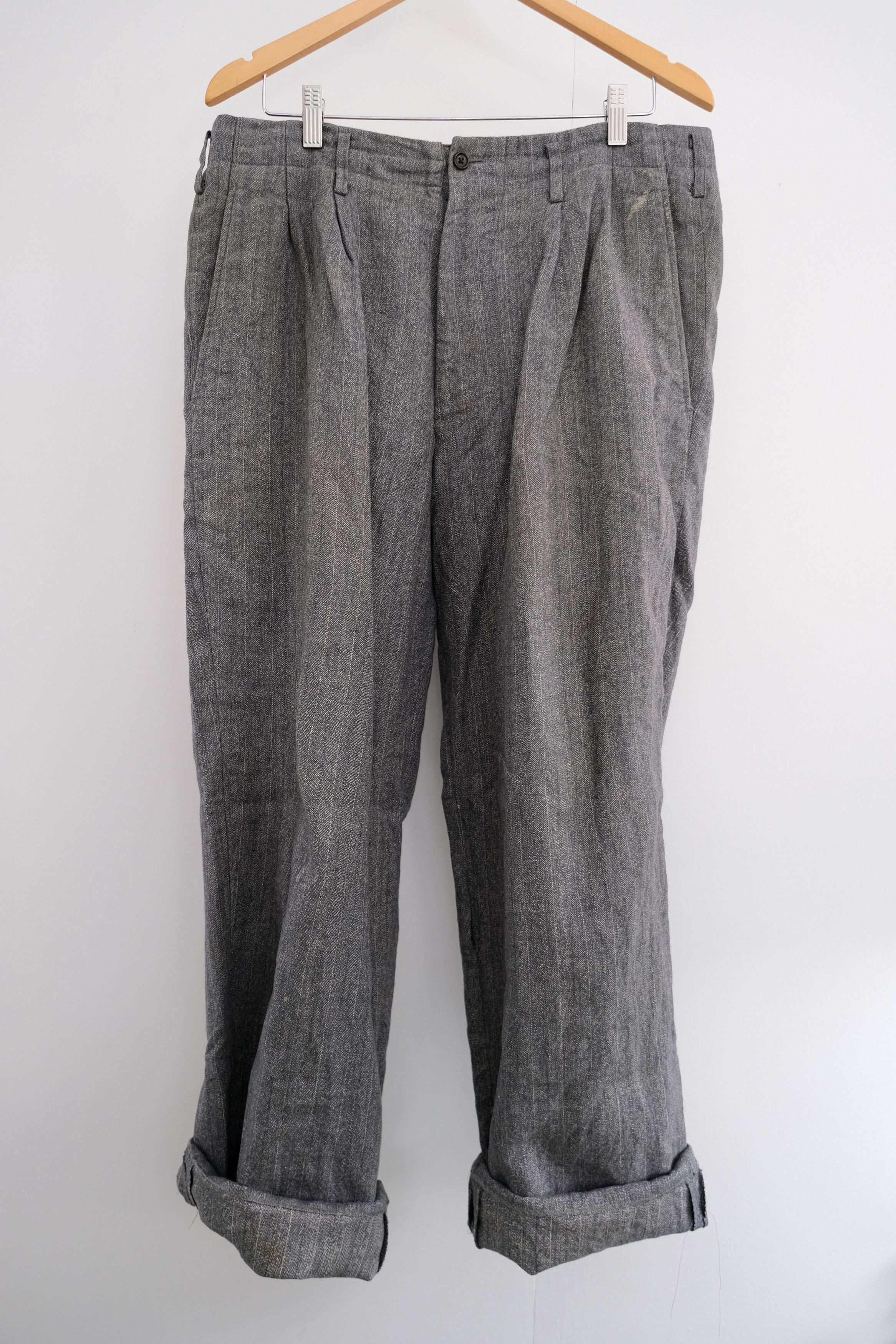 1980s-90s Linen-Cotton Distressed Double Tuck Pants - 1