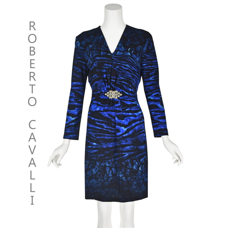Vintage Royal Blue & Black Animal Print Sheath Dress  - 1