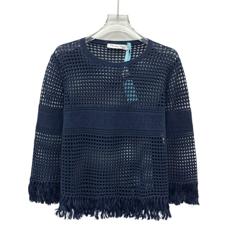Dior Linen Crew Neck Long Sleeve Knit Sweater Navy Blue - 1