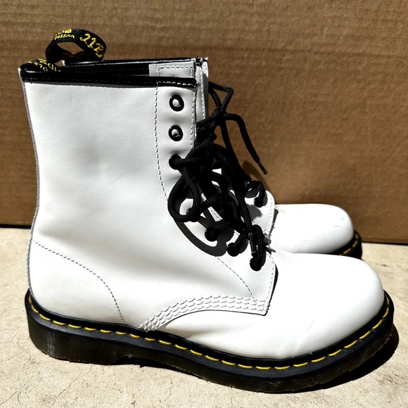 Dr.Martens 1460 Boots Combat 8 Eye Patent Leather Lace Up Block Heel White 10 - 3