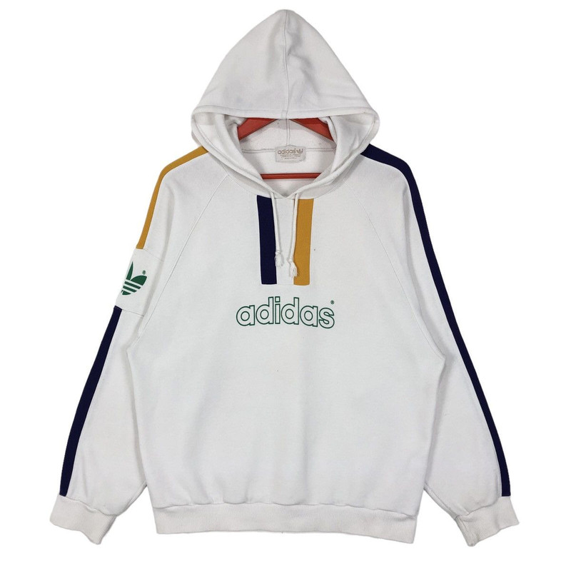 90s Adidas Descente Spellout Pullover Hoodie White Size M - 1