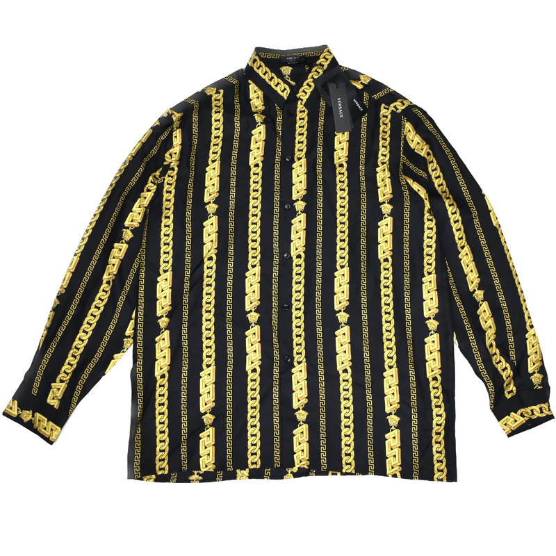 Versace Black Gold Medusa Chain Print Silk Shirt - 1