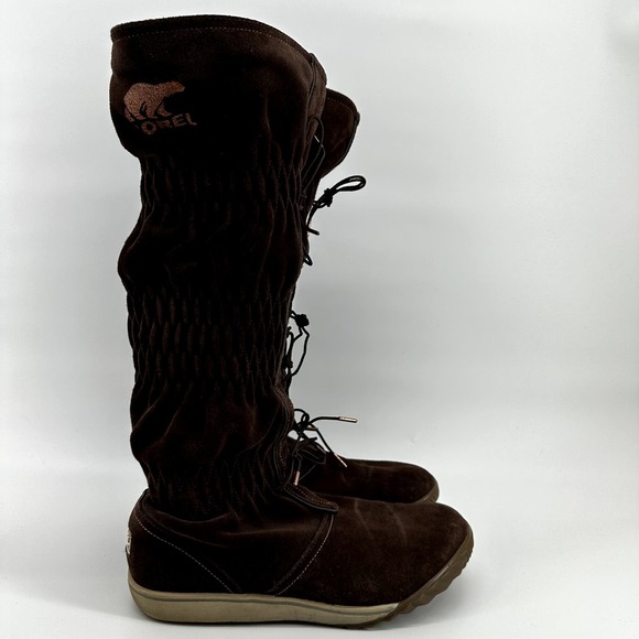 Sorel Firenzy Snow Boots Knee High Suede Waterproof Argyle Tie Brown 7.5 - 3