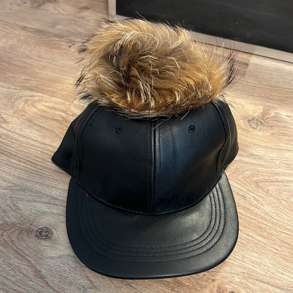 Faux Fur Pom Pom Faux Leather Baseball Hat - 3